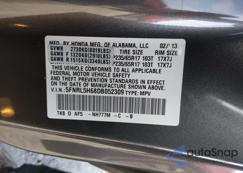 2013 Honda Odyssey Ex-L из США, поврежденный, VIN 5FNRL5H68DB052309